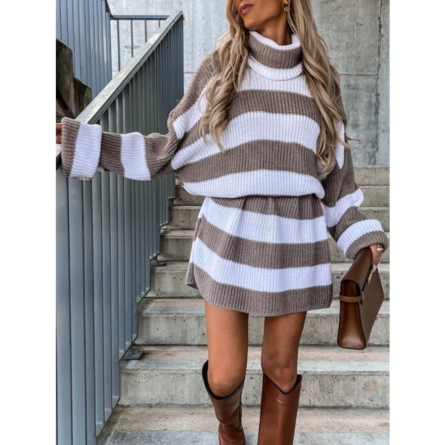 Striped Turtleneck Sweater Dress Mocha / S