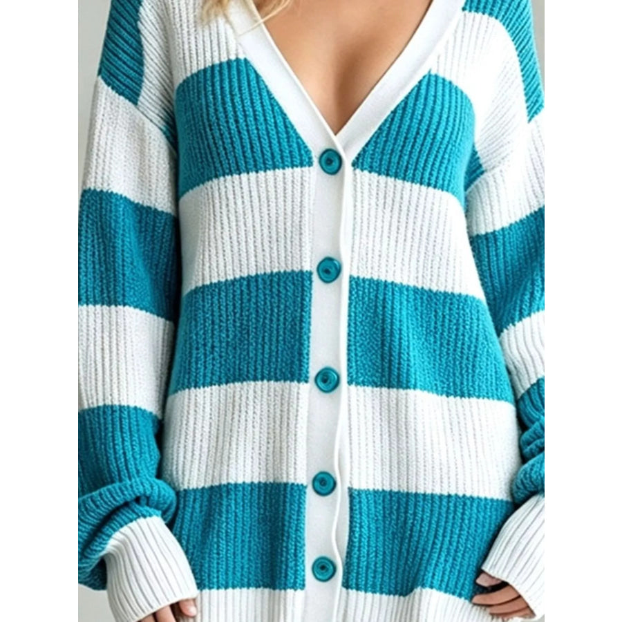 Striped V-Neck Button-Down Cardigan Apparel and Accessories