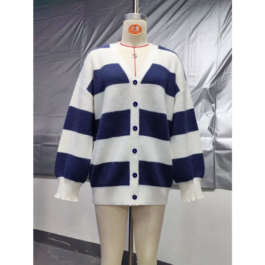 Striped V-Neck Button-Down Cardigan Apparel and Accessories