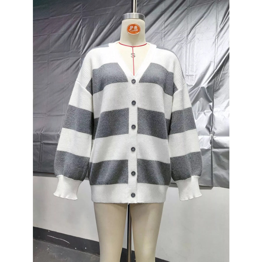 Striped V-Neck Button-Down Cardigan Apparel and Accessories