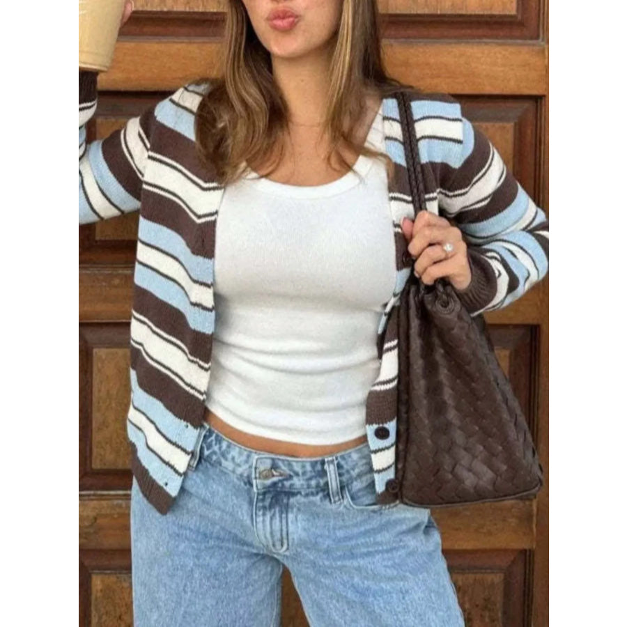 Striped V-Neck Button-Down Cardigan Brown / S Apparel and Accessories