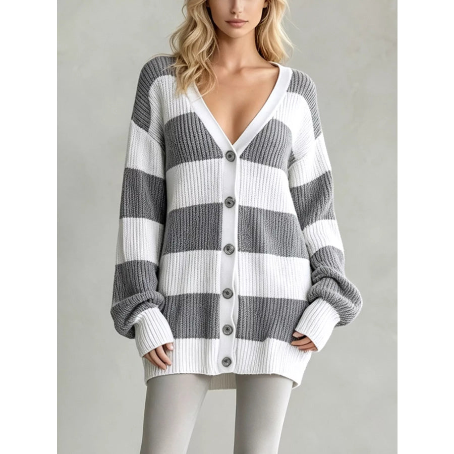 Striped V-Neck Button-Down Cardigan Gray / S Apparel and Accessories