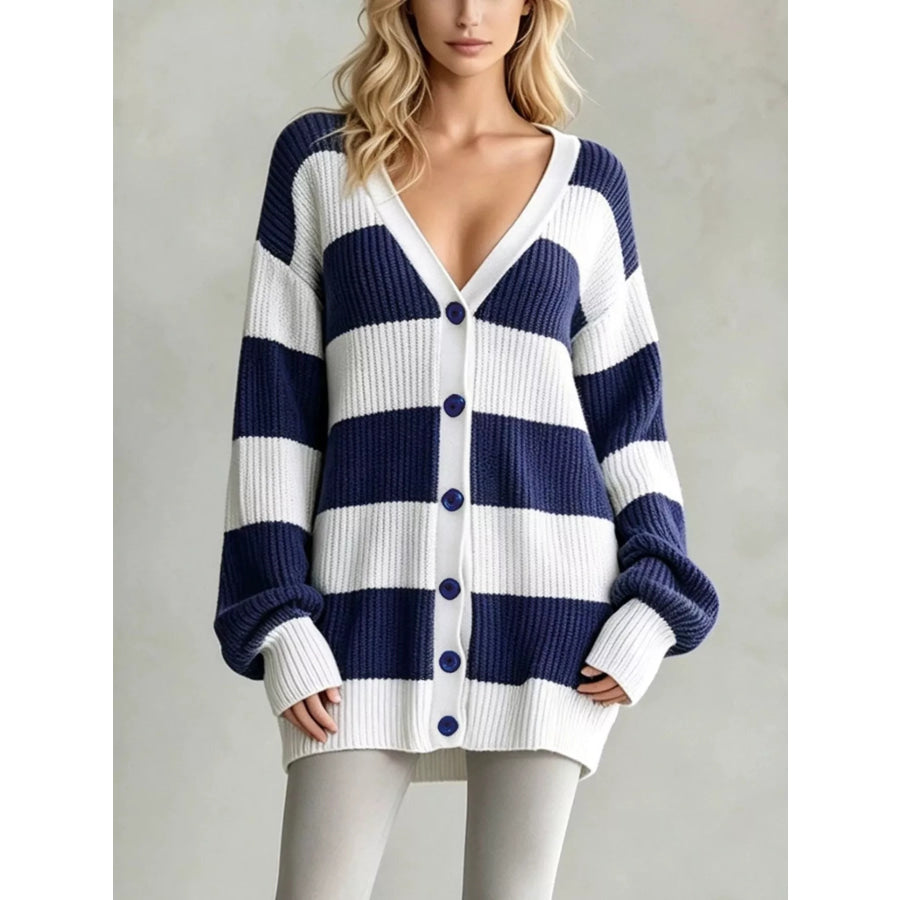 Striped V-Neck Button-Down Cardigan Navy / S Apparel and Accessories
