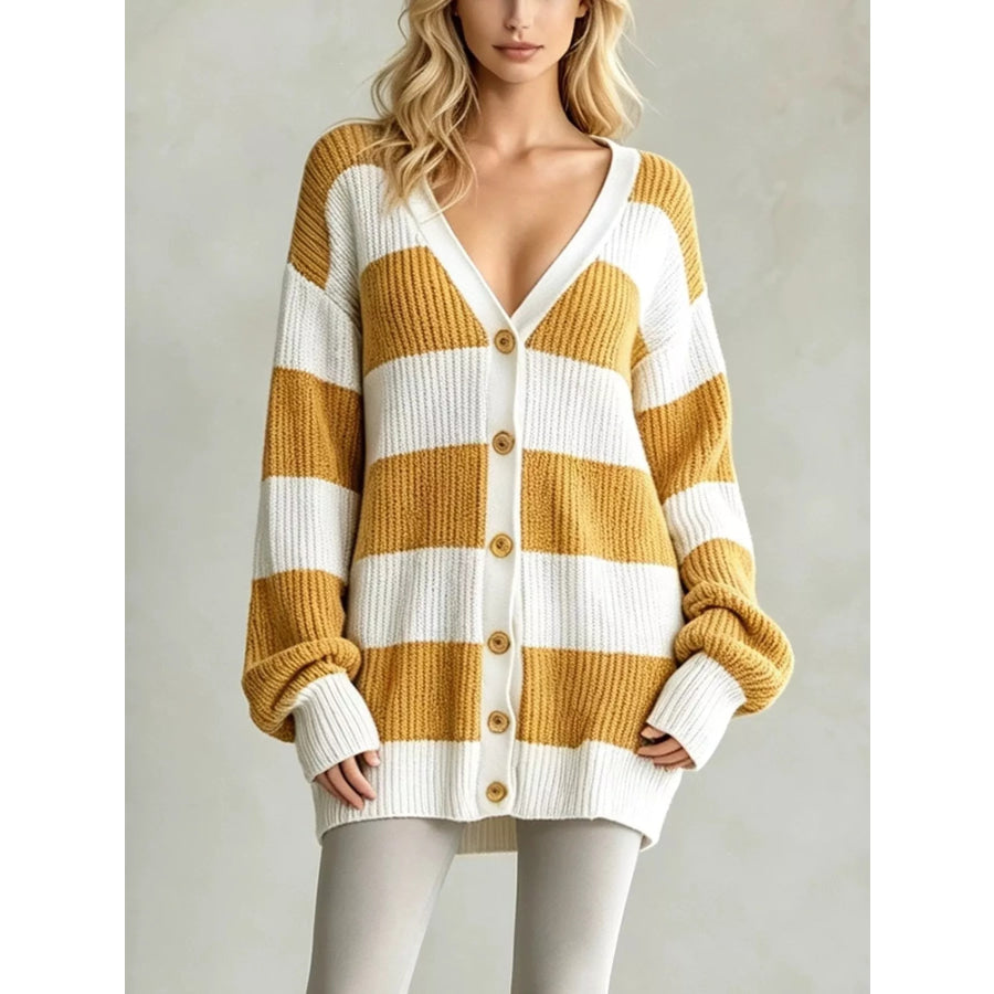 Striped V-Neck Button-Down Cardigan Sherbet / S Apparel and Accessories