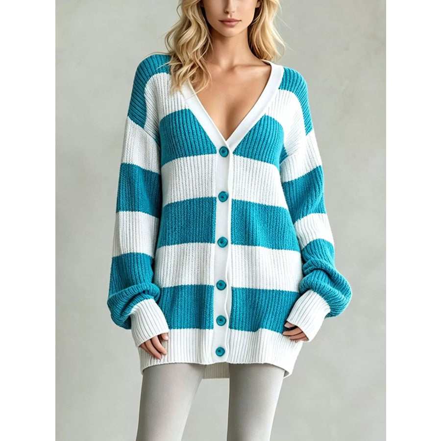 Striped V-Neck Button-Down Cardigan Sky Blue / S Apparel and Accessories