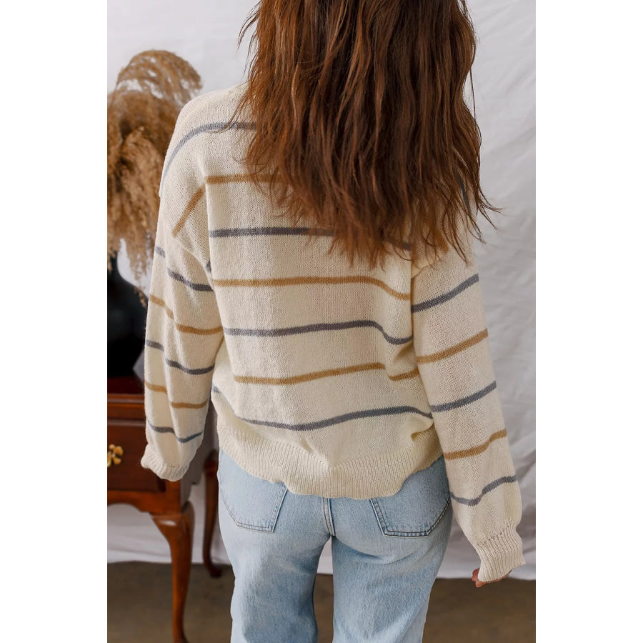 Striped V-Neck Button-Up Cardigan Beige / S Apparel and Accessories
