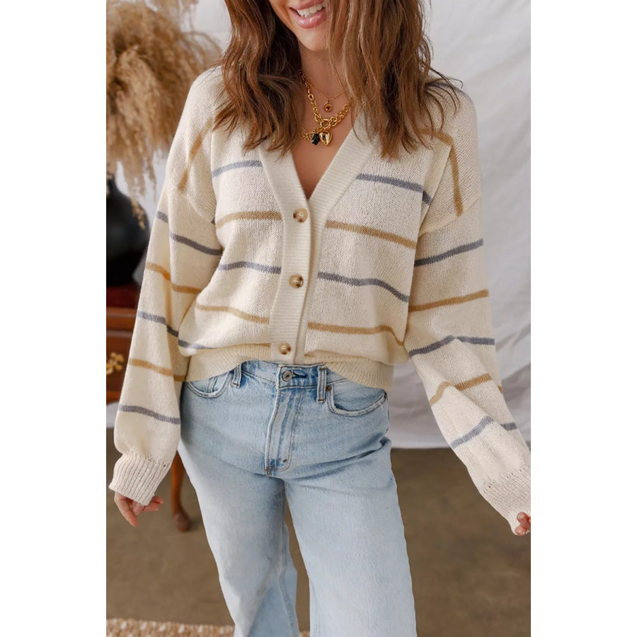 Striped V-Neck Button-Up Cardigan Beige / S Apparel and Accessories
