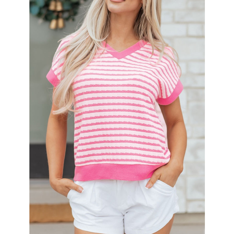 Striped V-Neck Casual T-Shirt Apparel and Accessories