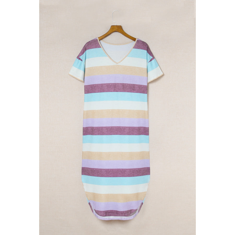 Striped V-Neck Curved Hem Midi Dress Purple / S Apparel and Accessories