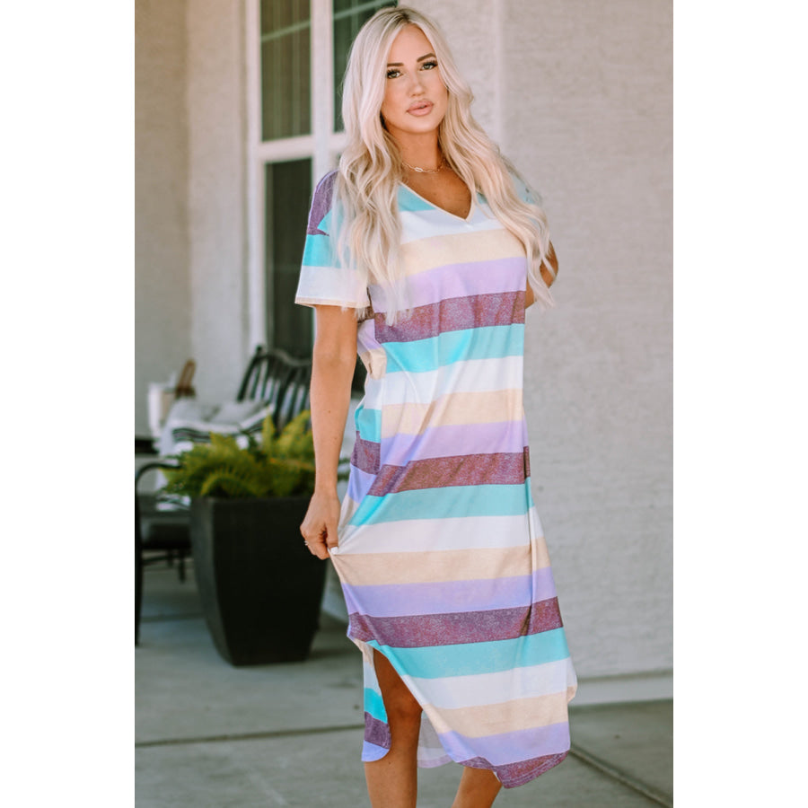 Striped V-Neck Curved Hem Midi Dress Purple / S Apparel and Accessories