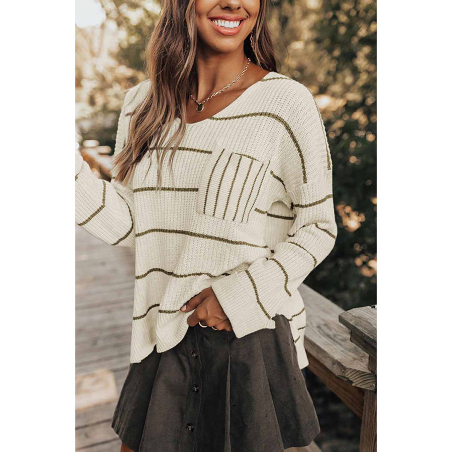 Striped V-Neck Drop Shoulder Sweater Apparel and Accessories