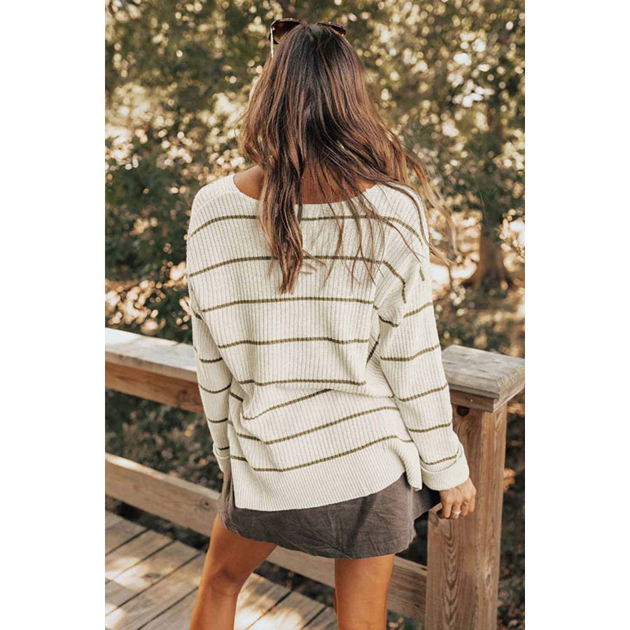 Striped V-Neck Drop Shoulder Sweater Apparel and Accessories