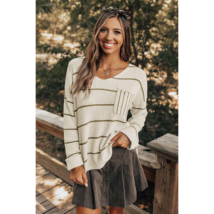 Striped V-Neck Drop Shoulder Sweater Apparel and Accessories