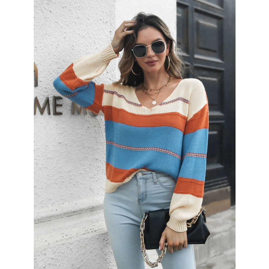 Striped V-Neck Drop Shoulder Sweater Azure / S