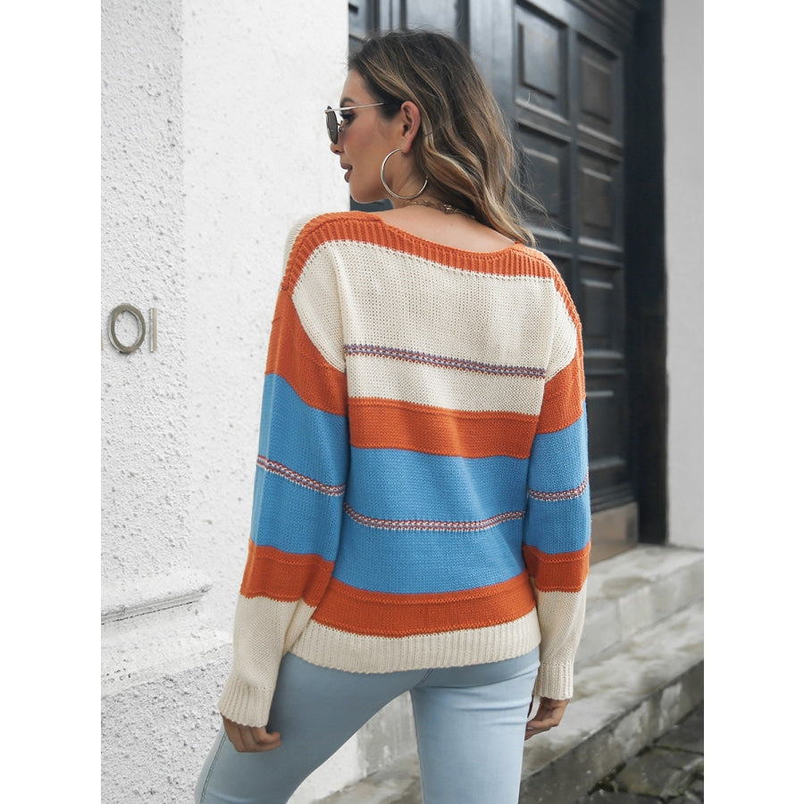 Striped V-Neck Drop Shoulder Sweater