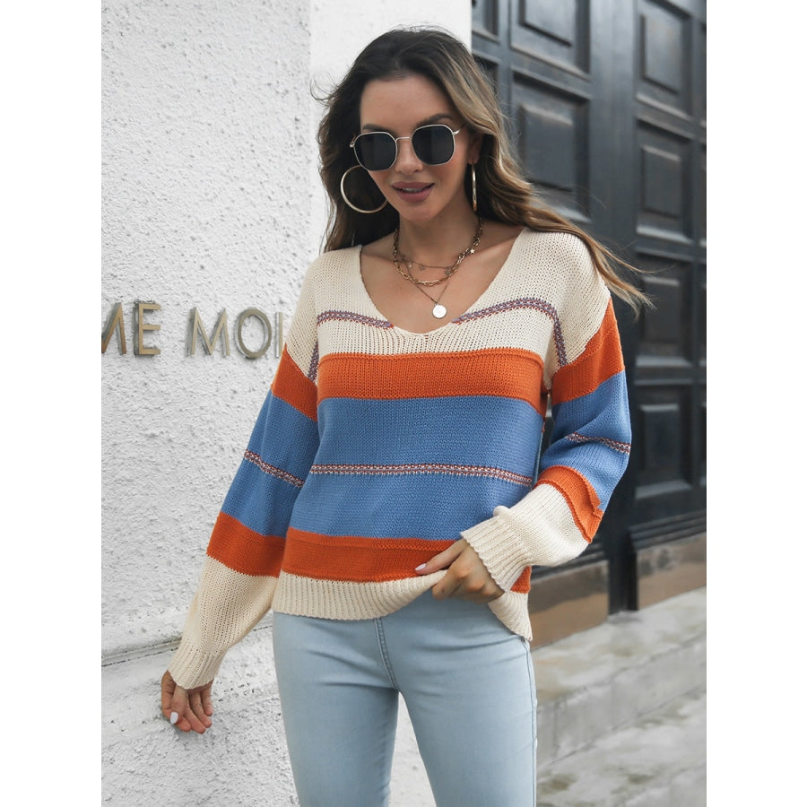 Striped V-Neck Drop Shoulder Sweater