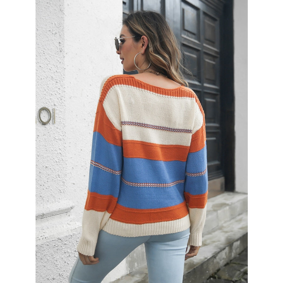 Striped V-Neck Drop Shoulder Sweater