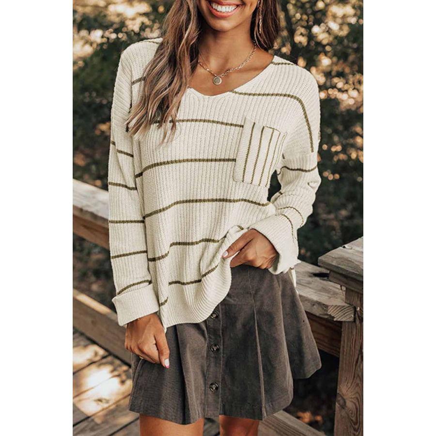 Striped V-Neck Drop Shoulder Sweater White / S Apparel and Accessories