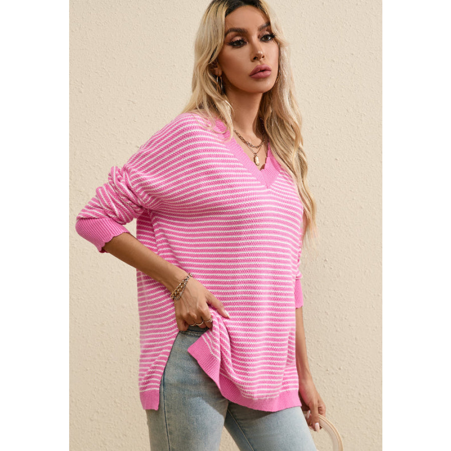 Striped V-Neck Dropped Shoulder Sweater Apparel and Accessories