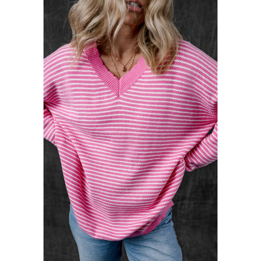 Striped V-Neck Dropped Shoulder Sweater Apparel and Accessories