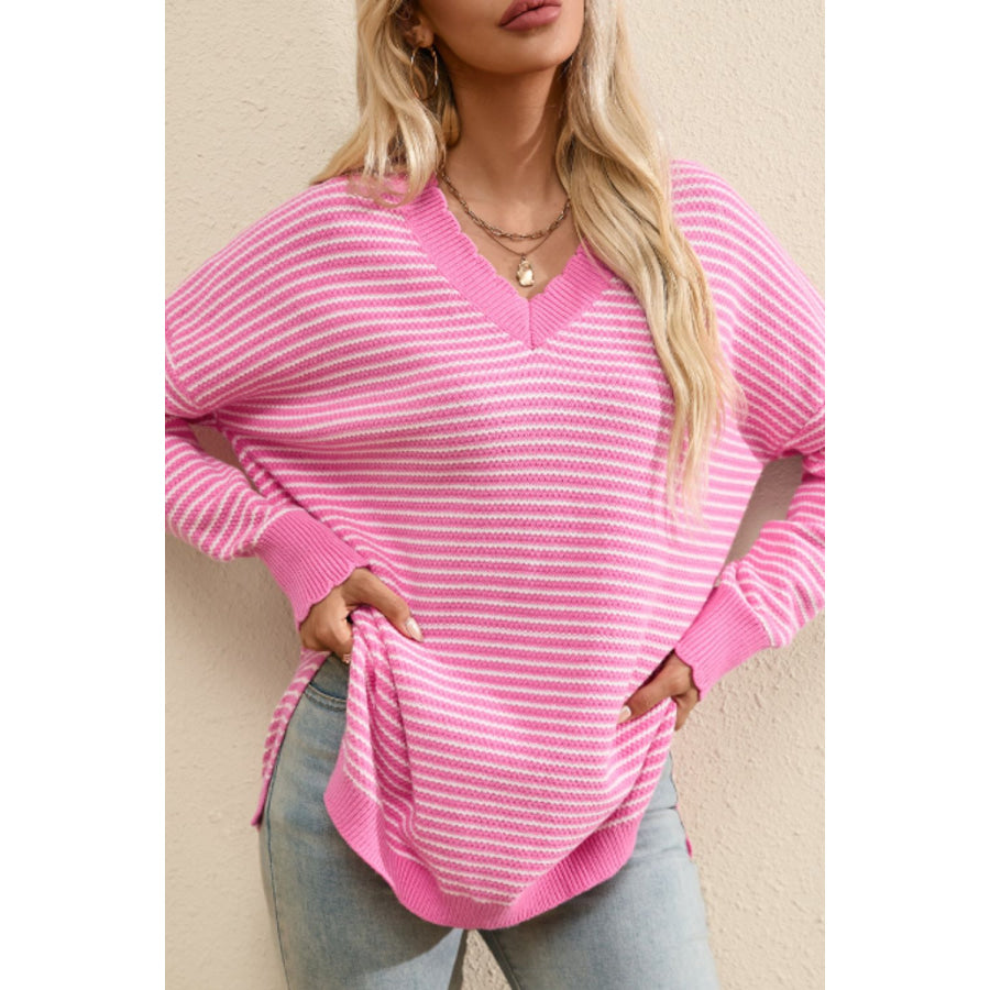 Striped V-Neck Dropped Shoulder Sweater Apparel and Accessories