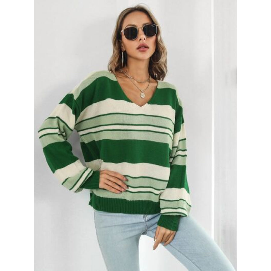 Striped V - Neck Dropped Shoulder Sweater Apparel and Accessories