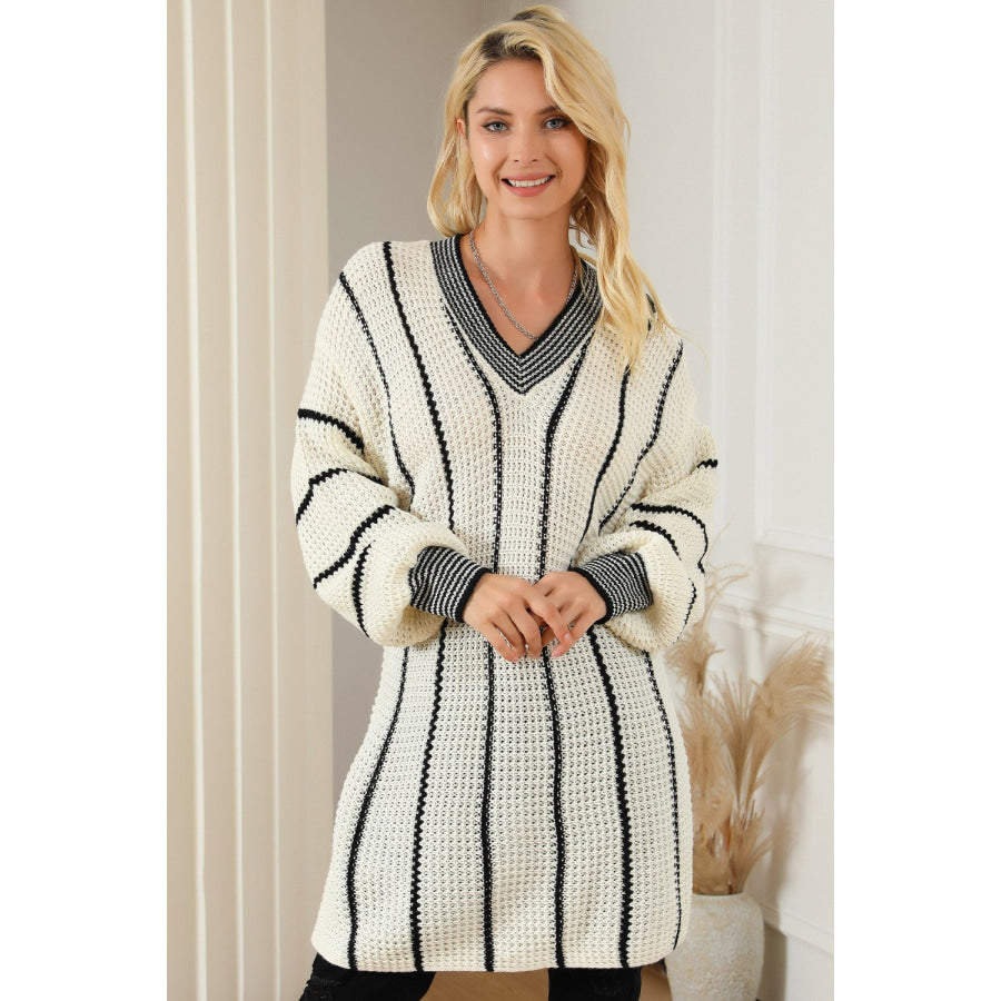 Striped V-Neck Dropped Shoulder Sweater Apparel and Accessories