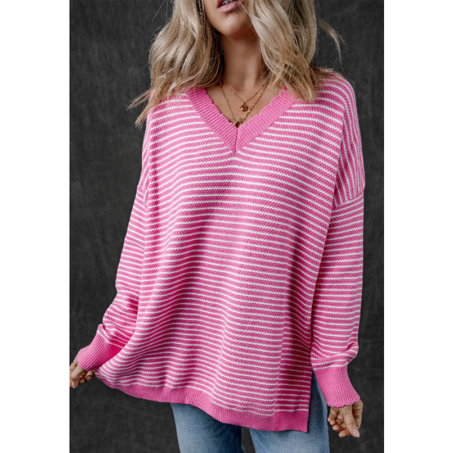 Striped V-Neck Dropped Shoulder Sweater Apparel and Accessories