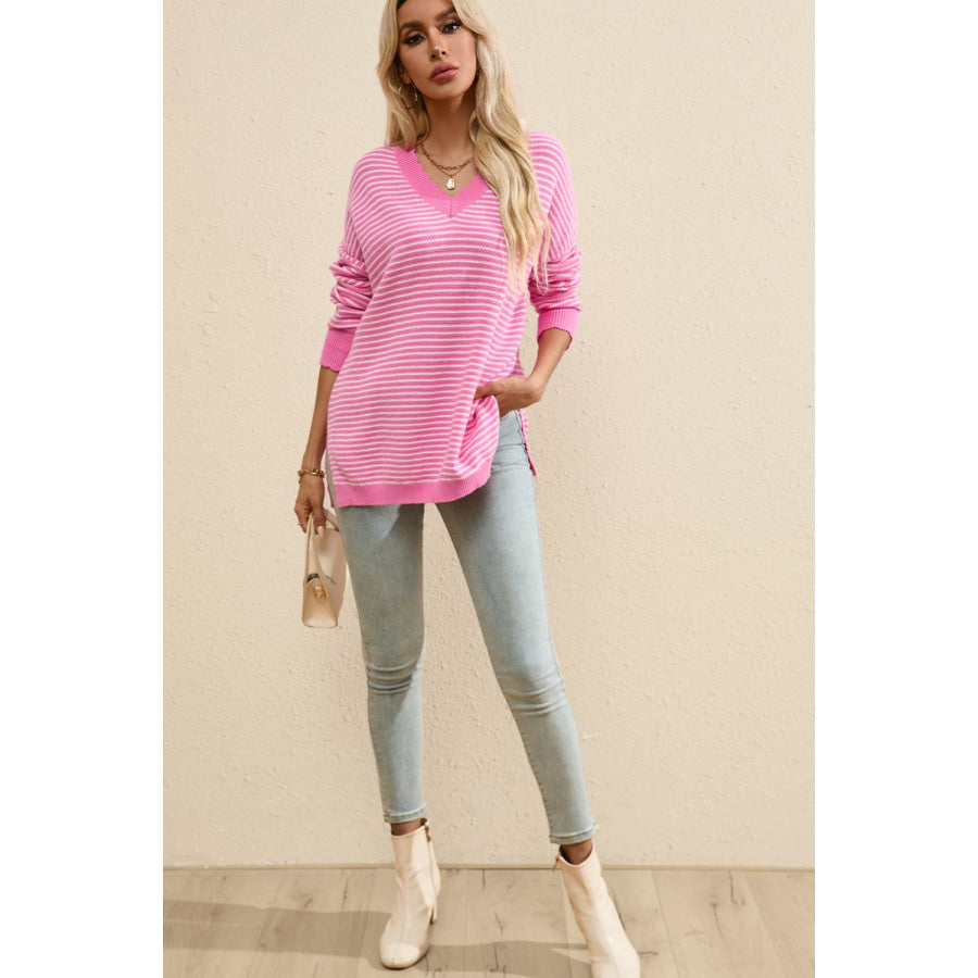 Striped V-Neck Dropped Shoulder Sweater Apparel and Accessories