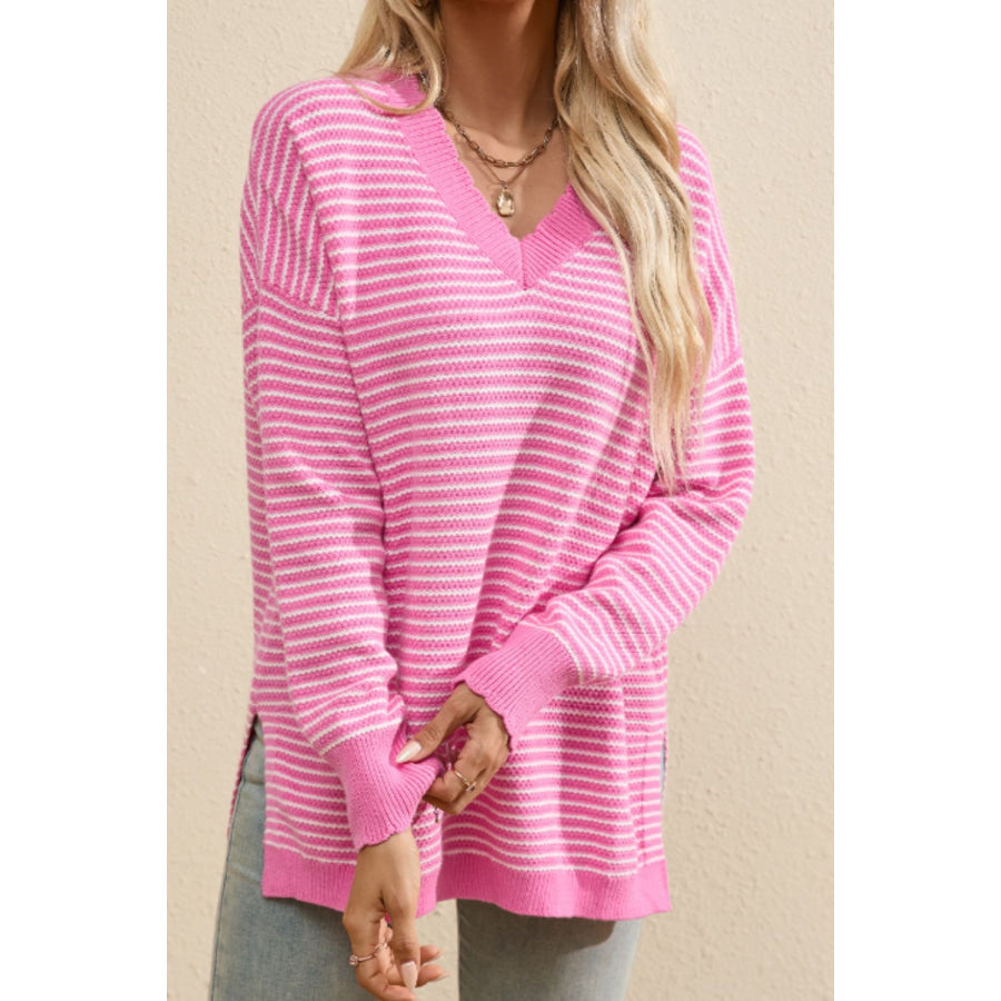 Striped V-Neck Dropped Shoulder Sweater Apparel and Accessories