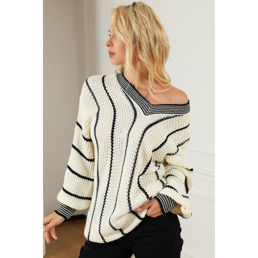 Striped V-Neck Dropped Shoulder Sweater Apparel and Accessories