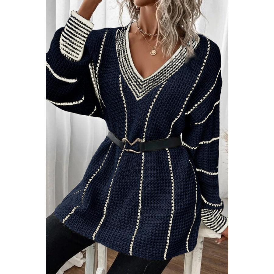 Striped V-Neck Dropped Shoulder Sweater Apparel and Accessories