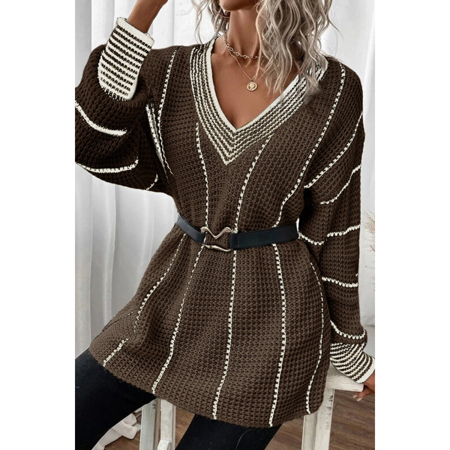 Striped V-Neck Dropped Shoulder Sweater Apparel and Accessories