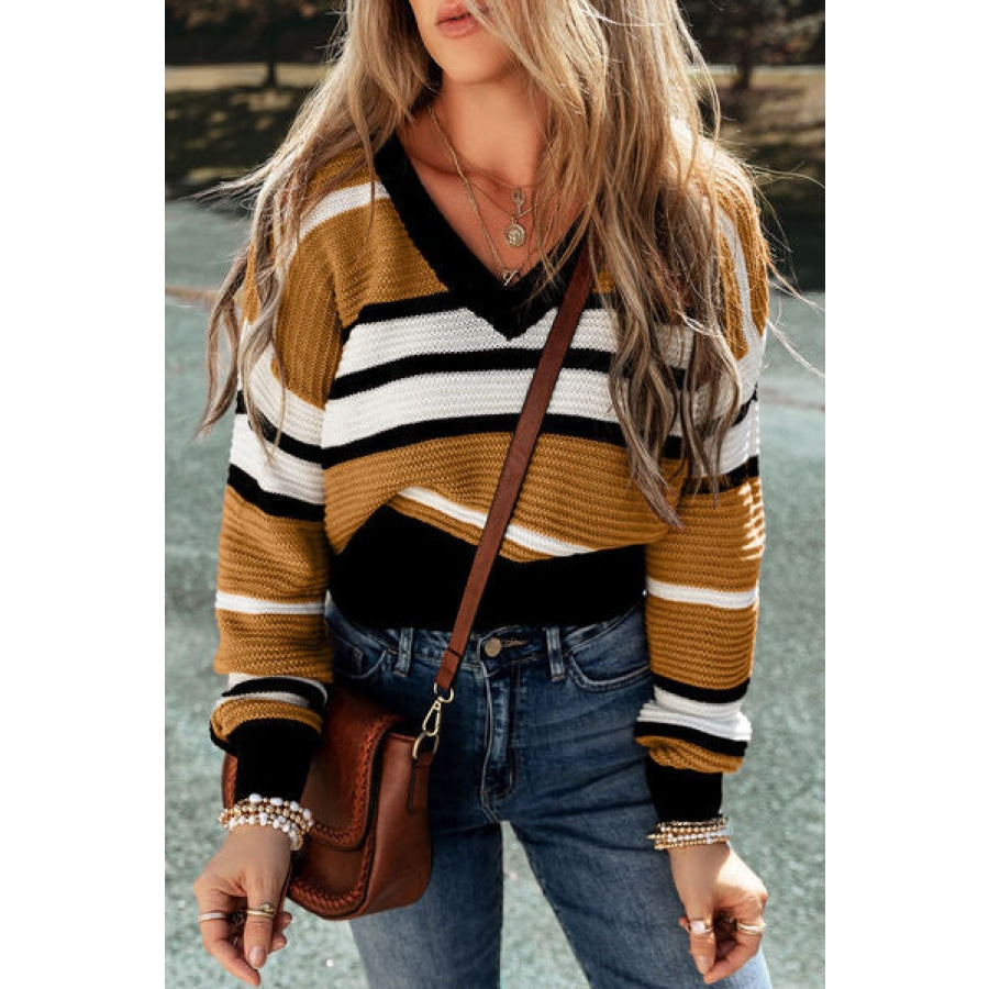 Striped V-Neck Dropped Shoulder Sweater Camel / S Clothing