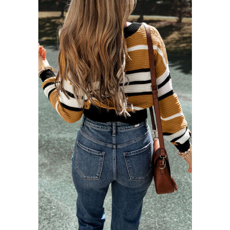 Striped V-Neck Dropped Shoulder Sweater Clothing