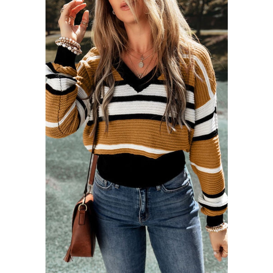 Striped V-Neck Dropped Shoulder Sweater Clothing