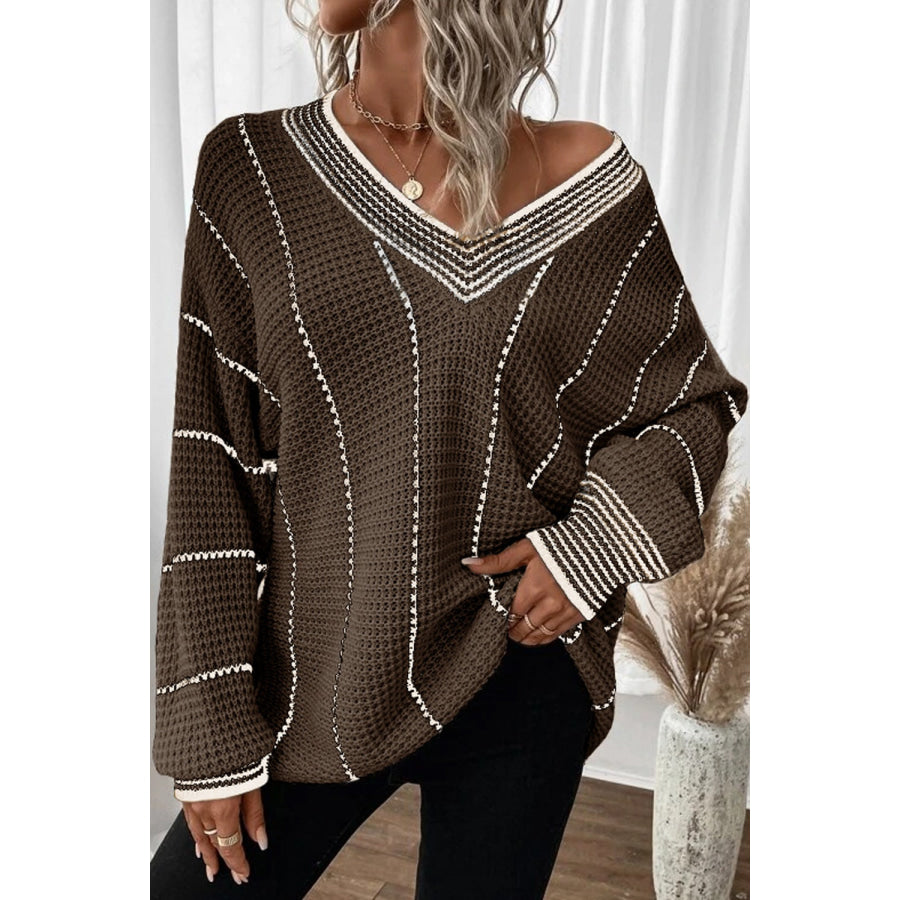 Striped V-Neck Dropped Shoulder Sweater Coffee Brown / S Apparel and Accessories