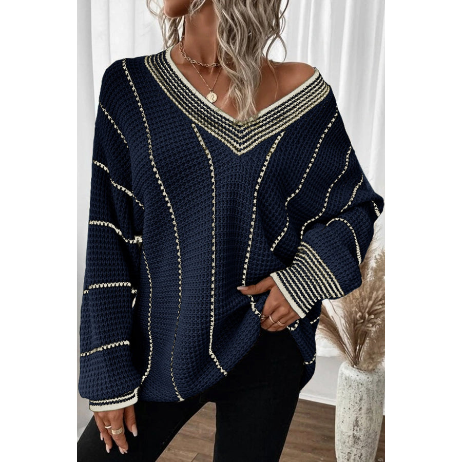 Striped V-Neck Dropped Shoulder Sweater Dark Navy / S Apparel and Accessories