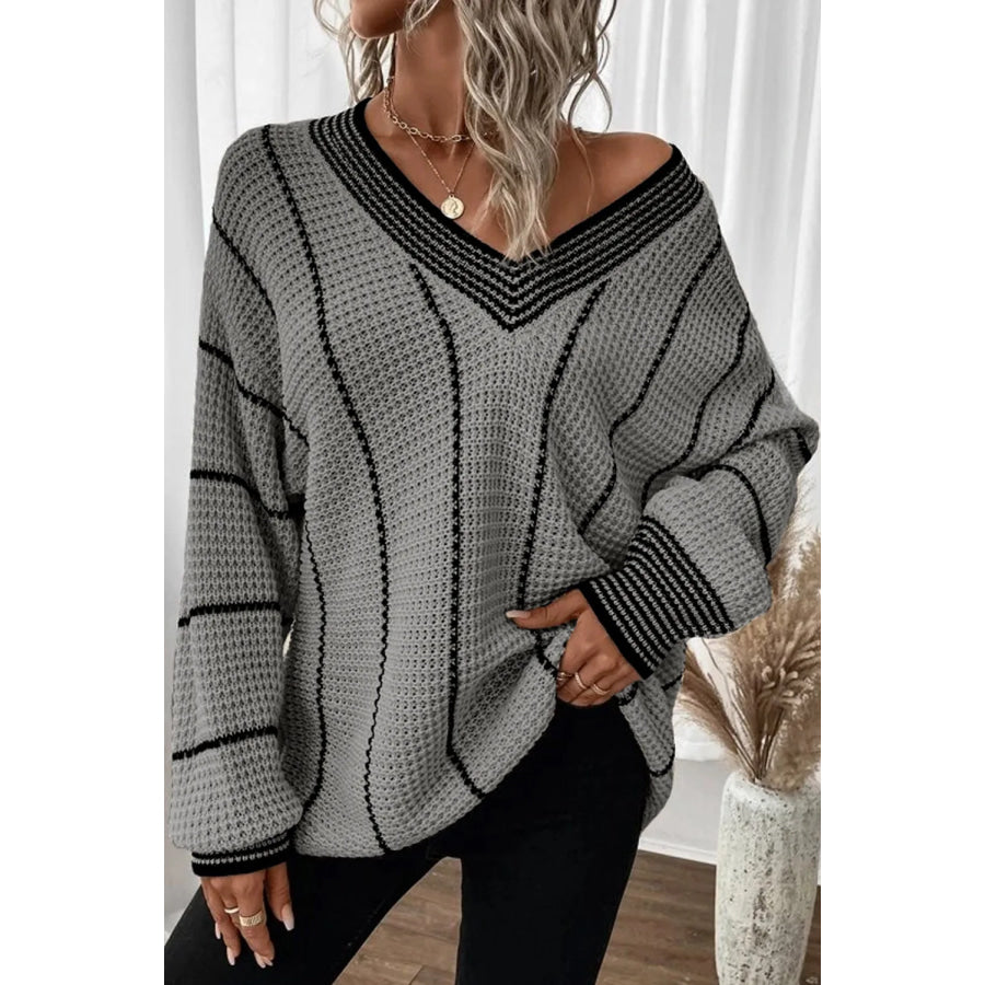 Striped V-Neck Dropped Shoulder Sweater Gray / S Apparel and Accessories