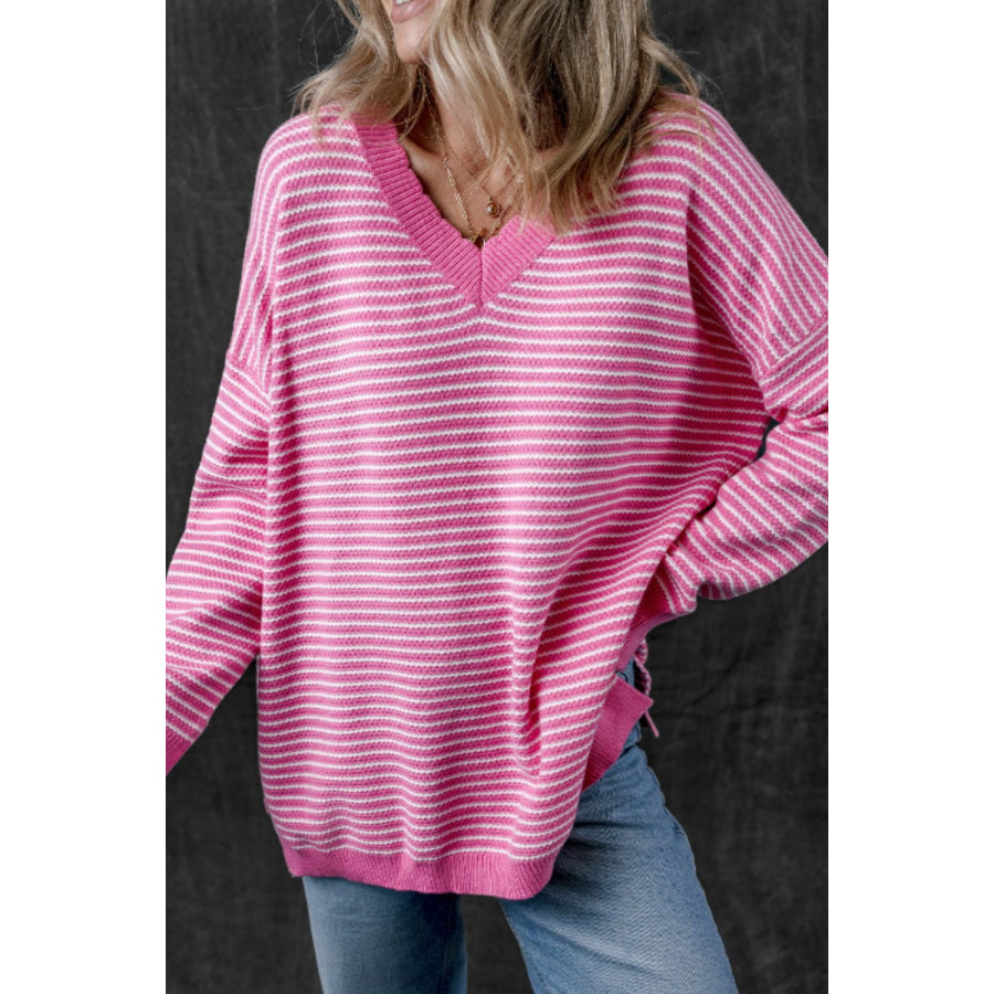 Striped V-Neck Dropped Shoulder Sweater Hot Pink / S Apparel and Accessories