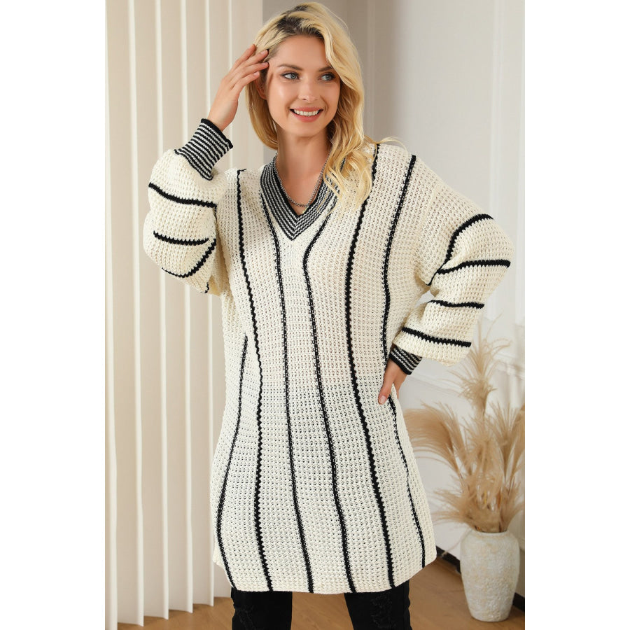 Striped V-Neck Dropped Shoulder Sweater Ivory / S Apparel and Accessories