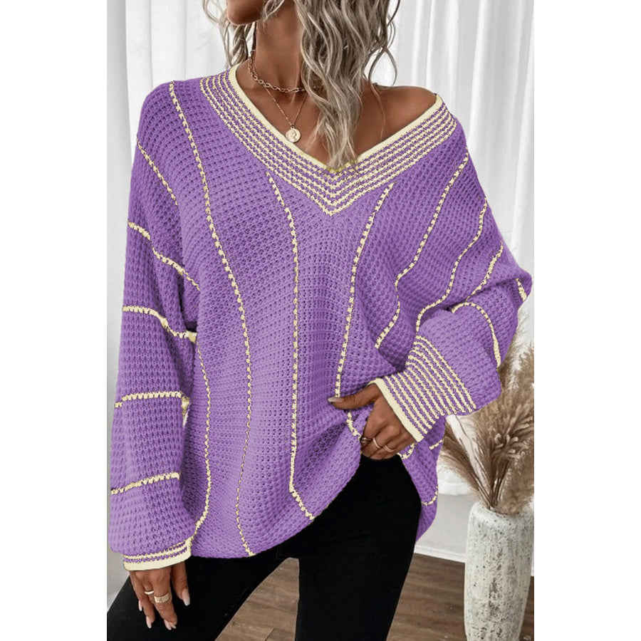 Striped V-Neck Dropped Shoulder Sweater Lavender / S Apparel and Accessories