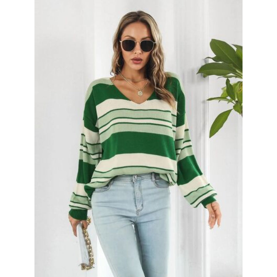Striped V - Neck Dropped Shoulder Sweater Mid Green / S Apparel and Accessories