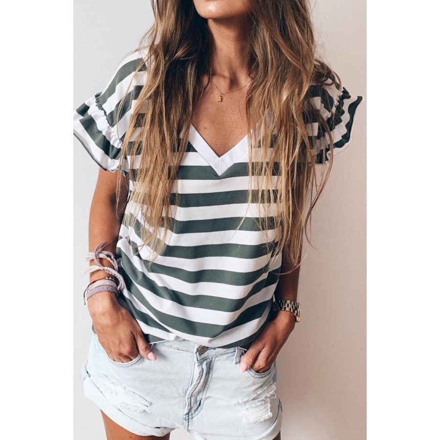 Striped V - Neck Flounce Sleeve Top Black Forest / S Apparel and Accessories