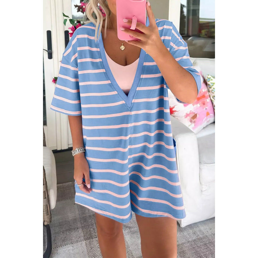 Striped V-Neck Half Sleeve Romper Light Blue / S Apparel and Accessories