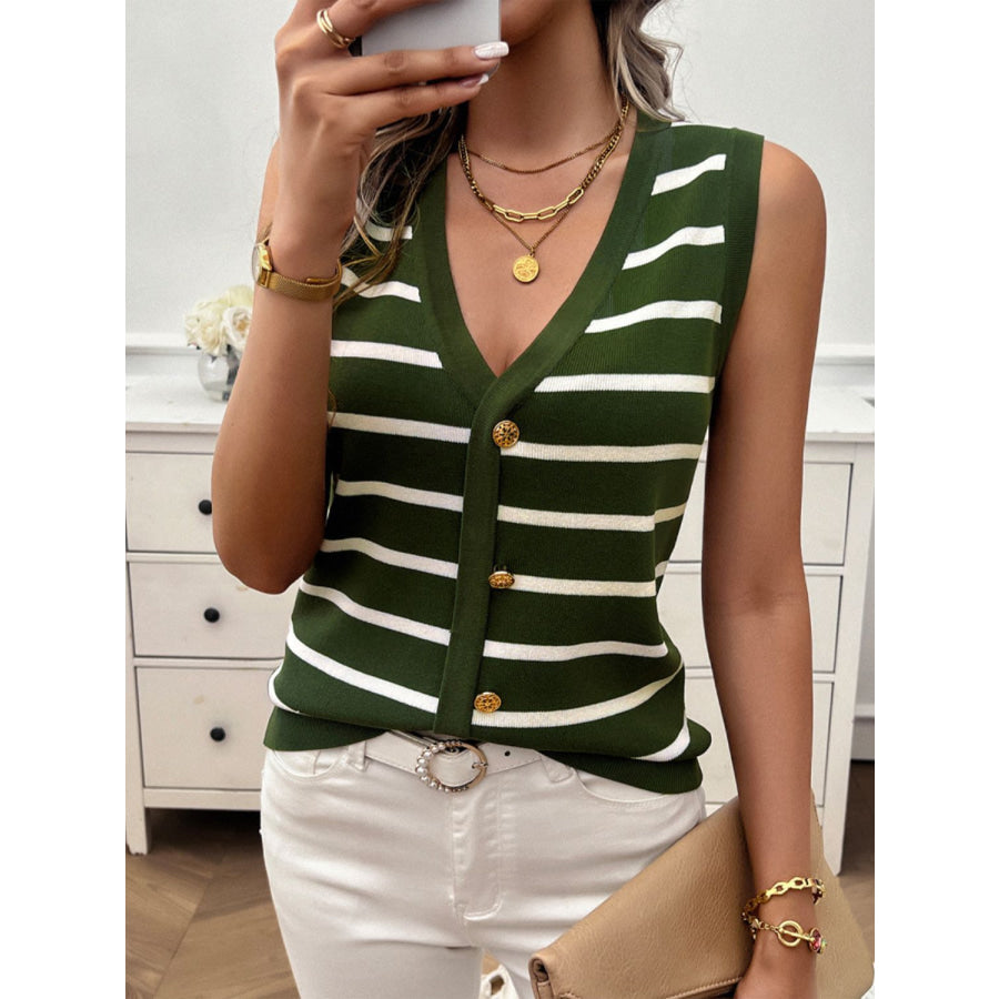 Striped V-Neck Knit Tank Moss / S Apparel and Accessories