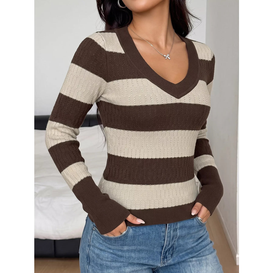 Striped V-Neck Knit Top Apparel and Accessories