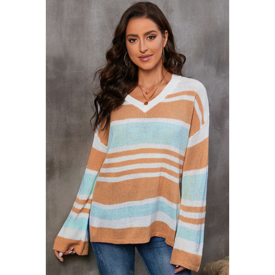 Striped V-Neck Knit Top Ochre / S