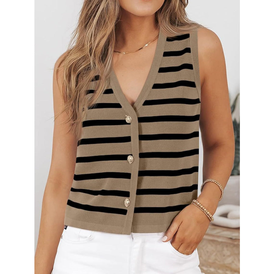 Striped V-Neck Knit Vest Taupe / S Apparel and Accessories