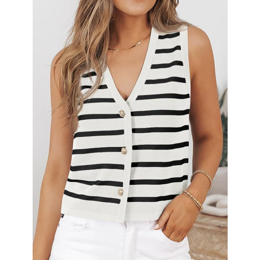 Striped V-Neck Knit Vest White / S Apparel and Accessories